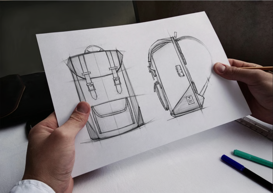Product sketch concepts of backpack on paper